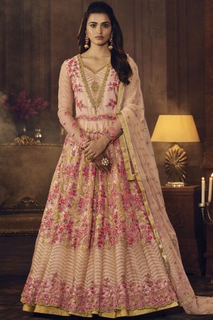 Gorgeous Peach Designer Embroidered Anarkali Salwar Suit With Net Dupatta