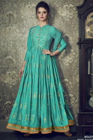 Lovely Turquoise Silk Designer Embroidered Anarkali Salwar Suit With Net Dupatta