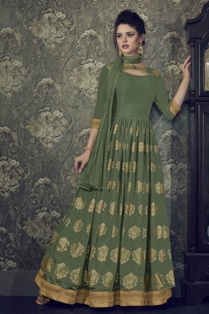 Gorgeous Green Silk Embroidered Anarkali Salwar Suit With Nazmin Dupatta