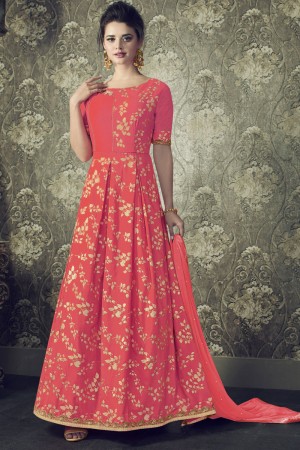 Pretty Peach Silk Designer Embroidered Anarkali Salwar Suit With Nazmin Dupatta