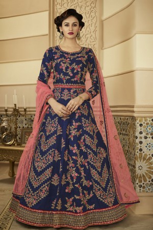 Supreme Blue Silk Embroidered Designer Anarakali Salwar Suit With Net Dupatta