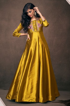 Ultimate Golden Satin and Silk Embroidered Designer Gown