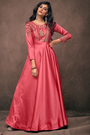 Desirable Pink Satin and Silk Embroidered Long Length Designer Gown