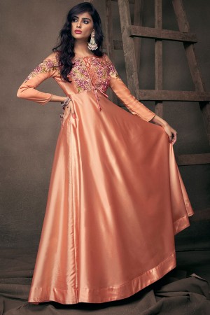 Excellent Peach Satin and Silk Embroidered Long Length Designer Gown
