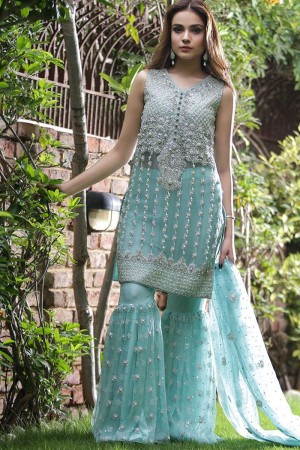 Excellent Sky Blue Net Embroidered Designer Plazo Salwar Suit With Net Dupatta