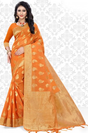 Stylish Orange Net Printed Casual Saree