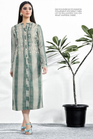 Gorgeous Green and Grey Maslin Designer Resham Work Kurti