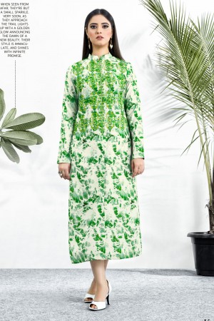 Beautiful Green and Off White Maslin Designer Resham Work Kurti