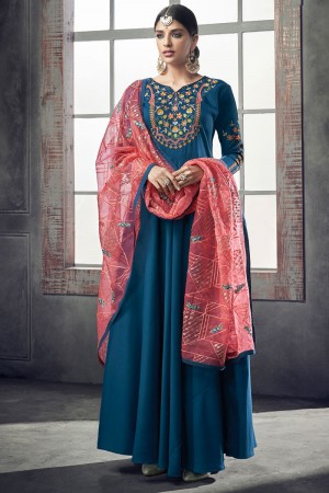 Gorgeous Teal Maslin Embroidered Designer Gown