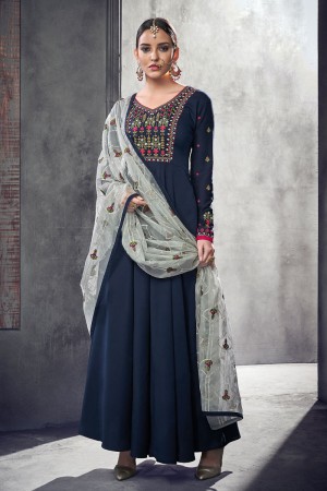 Beautiful Navy Blue Maslin Embroidered Long Length Designer Gown