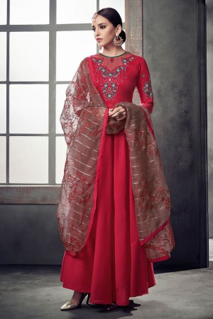 Graceful Pink Maslin Embroidered Long Length Designer Gown