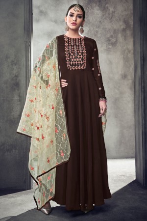 Lovely Brown Maslin Designer Embroidered Gown