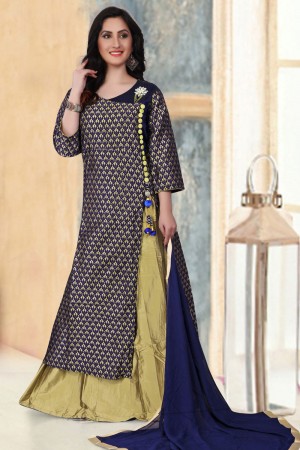 Supreme Blue Banglori Silk Jaquard Work Long Length Designer Gown
