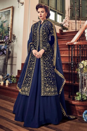 Pretty Blue Velvet Embroidered Designer Anarkali Salwar Suit