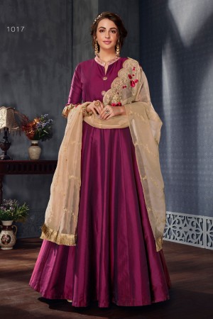 Gorgeous Purple Satin and Silk Embroidered Designer Gown