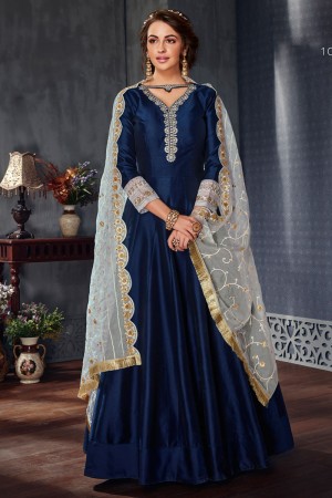 Beautiful Blue Satin and Silk Embroidered Long Length Designer Gown