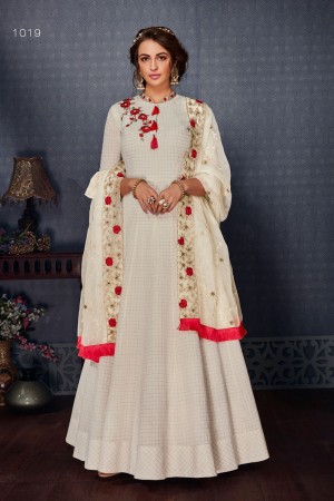 Graceful White Satin and Silk Embroidered Long Length Designer Gown