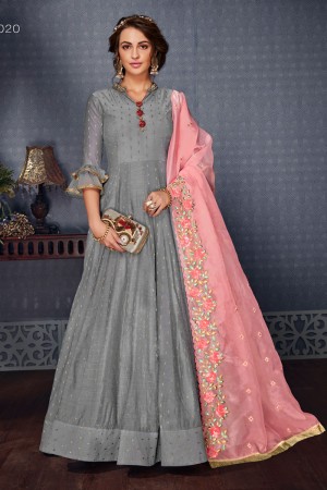Classic Grey Satin and Silk Designer Embroidered Gown