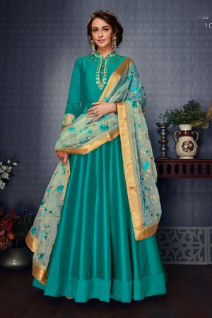 Supreme Turquoise Satin and Silk Embroidered Long Length Designer Gown