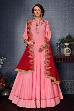 Lovely Pink Satin and Silk Embroidered Designer Gown