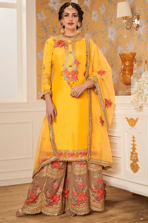 Admirable Yellow Viscose Embroidered Designer Sharara Plazo Salwar Suit