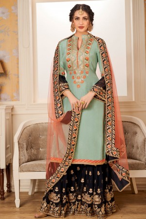Pretty Green Viscose Embroidered Designer Sharara Plazo Salwar Suit