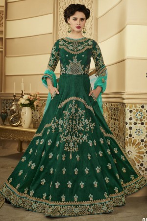 Gorgeous Green Silk Designer Embroidered Work Anarakli Salwar Suit With Net Dupatta