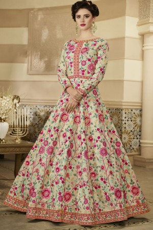 Pretty Off White and Pink Silk Embroidered Work Anarakli Salwar Suit With Net Dupatta