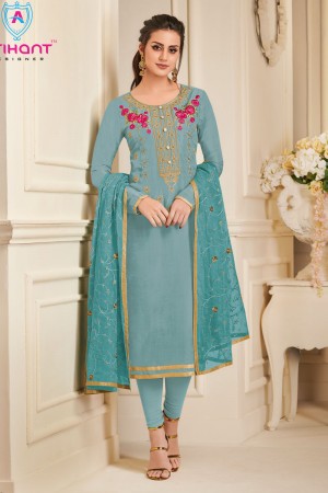 Optimum Sky Blue Silk Embroidered Designer Salwar Suit With Chiffon Dupatta