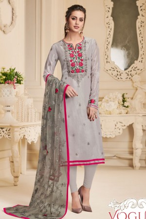 Graceful Grey Silk Embroidered Designer Salwar Suit With Chiffon Dupatta